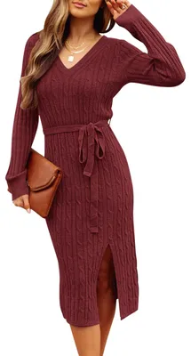 Produktbild von MEROKEETY Damen V Ausschnitt Zopfstrick Pulloverkleid Langarm Bodycon Schlitz Pu