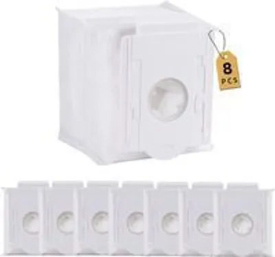 A stack of white vacuum cleaner dust bags with a tag indicating '8 PCS'. Below, a row of eight individual dust bags is displayed.