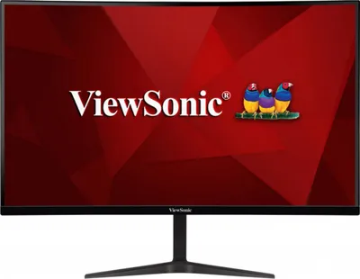 A ViewSonic monitor is displayed on its stand against a red background with the ViewSonic logo and three birds.