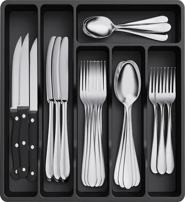 Immagine prodotto di Vassoio portaposate per cassetti, organizzatore di posate per cassetti da cucina inserto portaposate compatto per cassetto in plastica per cucchiai, forchette, 6 scomparti, nero
