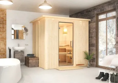 Produktbild von Elementsauna Karibu Sodina ohne Ofen mit Dachkranz und Ganzglastüre aus Klarglas