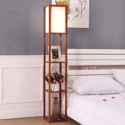 Obrázek produktu pro LED dřevěná stojací lampa hnědá stojací lampa s policí stojací lampa se žárovkou E27 retro noční lampa se stínítky do obývacího pokoje kancelář předsíň rohová
