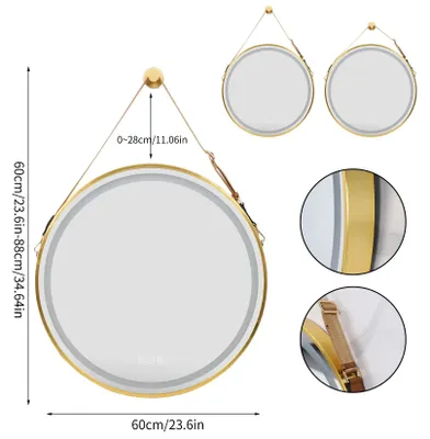 Image de Miroir de salle de bain - Rond - LED - Miroir mural - avec fonction anti-buée - Intensité réglable et cadre en aluminium