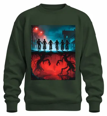 Imagen del producto de Sudadera con cuello redondo, estilo retro de los años 80, con diseño de bicicletas para niños "Upside Down" y motivos misteriosos, color verde botella, talla L