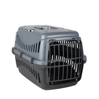 A gray and black pet carrier is shown against a white background.
