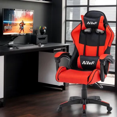 Image de Chaise ergonomique pour gamers et pour le bureau, pivotante, avec repose-tête, support lombaire et hauteur réglable