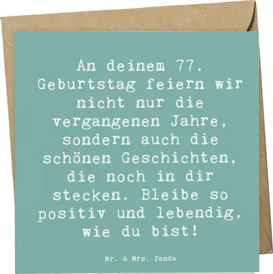 Produktbild von Mr. & Mrs. Panda faltkarte Spruch 77. Geburtstag Geschichten - Meeresbrise - Geschenk, anlasskarte, Klappkarte, Glückwunschkarte, Meilenstein, Glückwunsch, Grußkarte