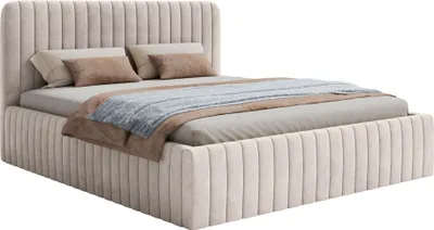 A bed with bedding, shown from a three-quarter angle against a white background.
