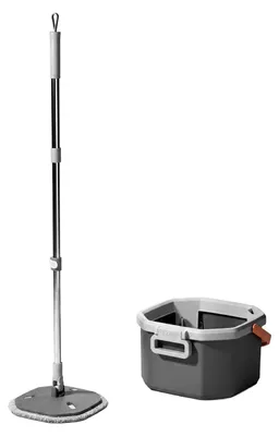Productafbeelding van Relaxdays Wischmopp-set, 6 liter emmer met schoonwatertank, afmetingen (hoogte x breedte x diepte): 20x34x33 cm, 2 microvezel dweildoeken, geschikt voor hoeken, grijs