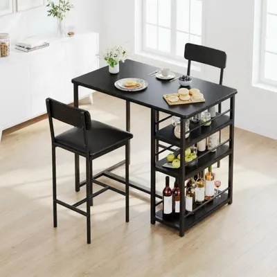 Produktbild von Bartisch Set mit 2 Barhockern, 3 Ablagen, Metallrahmen, Schwarz
