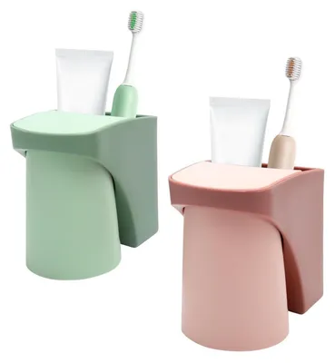 Image de Porte-brosses à dents avec gobelet magnétique, lot de 2, fixation sans perçage, plastique, montage mural
