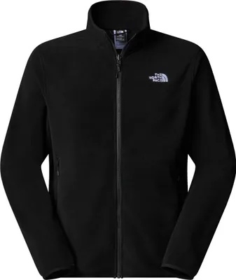 A black fleece jacket with a zipper and a logo on the chest.