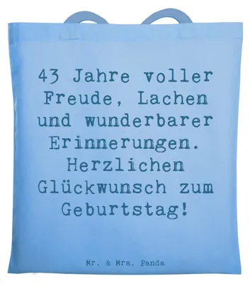 Produktbild von Mr. & Mrs. Panda Tote Bag Spruch 43. Geburtstag Freude - Sky Blue - Geschenk, Schultasche, Beutel, Herzlichen Glückwunsch, Tasche, Happy Birthday, Einkaufstasche, Feiern