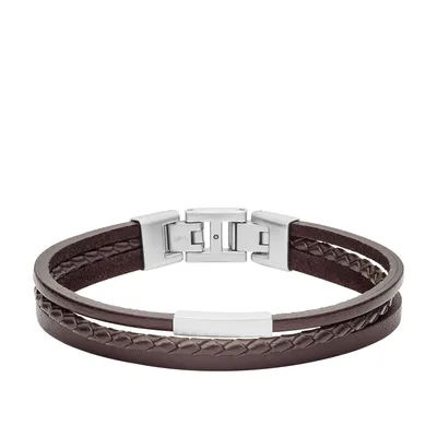 A men's leather bracelet with a silver clasp, presented on a white background.