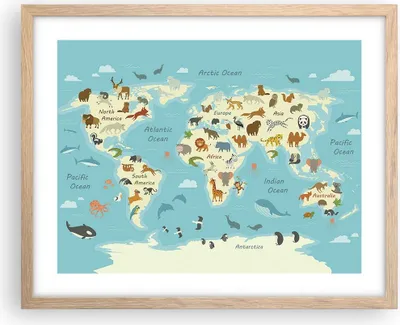 Produktbild von Gerahmtes Poster - Rahmen in heller Eiche - Tiere die Welt Karte - 50x40 cm - Wand Bild - Wanddeko - Wandbilder - Kunstposter - Wandposter - Bilderrahmen - Bilder - Kunstdruck - P2NAA50x40-4860