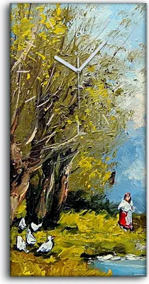 Produktbild von Dekor Leinwand Uhr Wandbilder 30x60 Gemälde Landschaft Dorfbewohner Bäume Wolken - weiße Hände