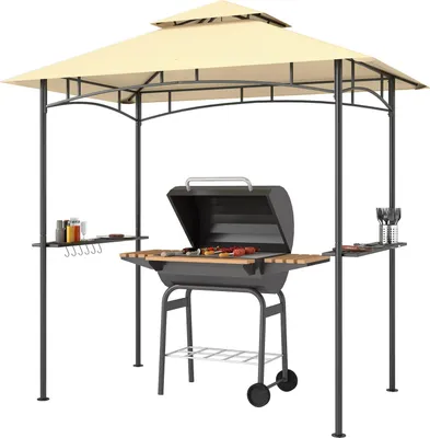 Produktbild von Grillpavillon mit LED 240 x 150 x 258 cm wasserabweisend flammhemmend Gartenpavillon mit Doppelschichtdach, Seitenregalen, Gartenlauben mit UV-Schutz, BBQ Pavillon für Party BBQ Beige Aosom