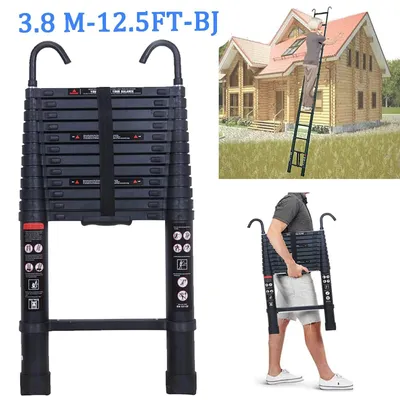 Produktbild von Teleskopleiter 3,8 m - Klappbare Aluminiumleiter - EN131 - 150 kg Tragkraft - Rutschfest - 2 Haken - Für Haus, Dachboden, Garage - Schwarz