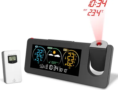 Produktbild von Projektionswecker für Schlafzimmer mit Wetterstation, drahtlosem Innen- und Außenthermometer, Feuchtigkeitsmesser mit Funkuhr, Projektoruhren mit Wettervorhersage und Hygrometer