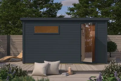 Image de Karibu Saunahaus : Sauna extérieure, sauna de jardin, modèle Hytti 6, finition anthracite, sans accessoires, bois massif de 38 mm, dimensions : 396 x 231 x 217 cm