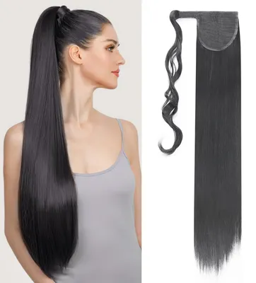 Obrázek produktu pro Clip-in prodlužovací vlasy, cop, hladké, syntetické vlákno, 66 cm, tmavě černá barva