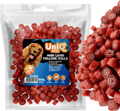 Imagen del producto de Premios para perros, rollitos de sushi con cordero y bacalao (90%), UniQ Pets, 500g