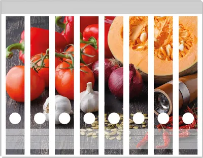 Produktbild von Wallario Ordnerrücken Sticker, selbstklebend für schmale Ordner, 8 Stück, Motiv Kürbissuppe - Zutaten mit Tomaten, Knoblauch, Zwiebeln und Pfeffer