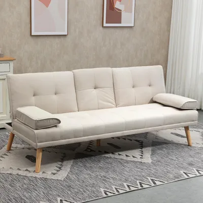 Zdjęcie produktu dla Trójmiejscowa sofa rozkładana z oparciem regulowanym w 3 pozycjach i podłokietnikami z uchwytami na kubki, obita tkaniną lnianą, wymiary: 181x77x78 cm, kolor beżowy