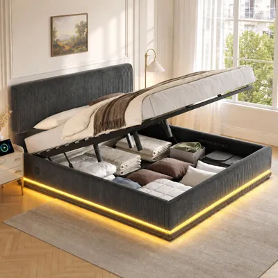 Zdjęcie produktu dla Łóżko tapicerowane 180 x 200 cm z oświetleniem LED i portem USB-C, stelaż z tkaniny typu cord w kolorze szarym, zagłówek z regulacją wysokości, schowek, łóżko podwójne, ciche, bez materaca