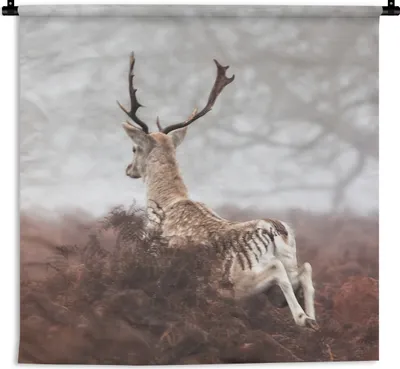Produktbild von MuchoWow® Wandteppich Wandbehang Hirsche - Nebel - Pflanzen 90x90 cm Tapisserie Dekoration Wandtuch - Wandaufhänger