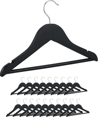 Produktbild von Relaxdays 20er Set Kinderkleiderbügel Holz, Hosenbügel für Jungen & Mädchen, drehbarer Haken, mit Steg & Kerben, schwarz