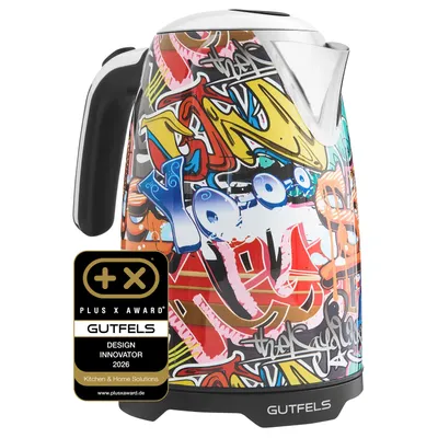 Immagine prodotto di Bollitore elettrico Gutfels WATER 3010 G | Stile Graffiti | 1,7 litri | 2200 watt | Base a 360 gradi | Indicatore del livello dell'acqua | Protezione contro il surriscaldamento e l'ebollizione a secco | Filtro integrato | Interruttore illuminato