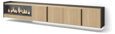 Image de PULLER Meuble TV, Banc Télé, 315x35x50 cm, Pour les TV jusqu'à 80", Cheminée électrique XXL, Suspendu, Mural, Led, Chêne et noir