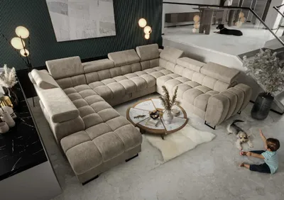 Productafbeelding van Zitmeubel met slaapbank BASTIEN XL, bekleed met stof in de kleur terra beige, met een chaise longue aan de linkerkant