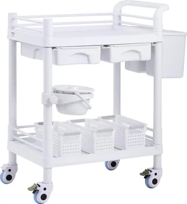 Image de Chariot médical mobile à 2 niveaux, 2 plateaux, 2 tiroirs, 3 poubelles, blanc