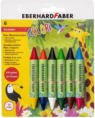 Produktbild von Eberhard Faber 524098 - Colori Duo Wachsmalkreiden in 12 Farben, EIN Kreide-Stift mit Zwei Minenfarben, 6 wasserfeste Wachsmaler mit weichem, intensiven Farbabstrich, für kreativen Mal-Spaß