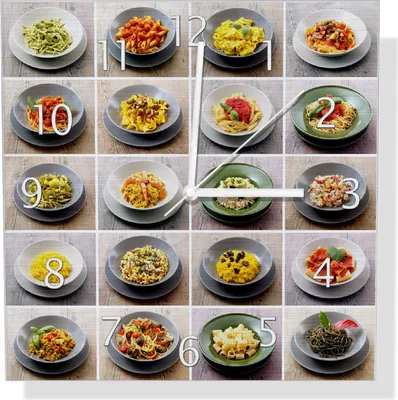 Produktbild von Wallario Design Wanduhr Italienische Pasta aus Aluverbund, Größe 30 x 30 cm