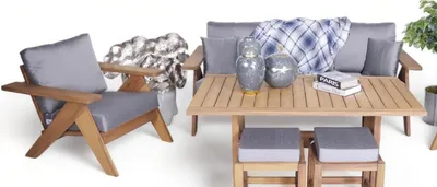 Produktbild von Grau-Braune Polstergarnitur Sofa Set 3+1 Gartenmöbel Moderner Esstisch 3tlg