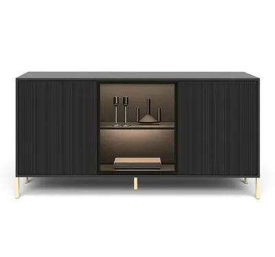 Image de AX LIVING Buffet noir Benvie 154 cm – Façade en verre et lamelles