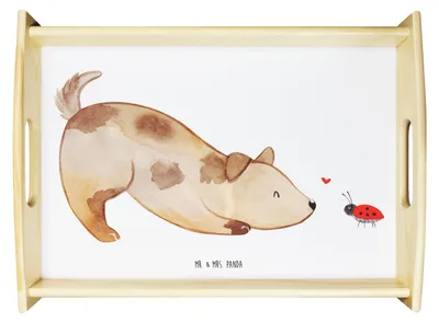 Produktbild von Mr. & Mrs. Panda Servier Tablett Hund Marienkäfer - Weiß - Geschenk, Mischlingshund, Neugierig, serviertablett holz, Sprüche, Holztablett, für bett, Mischlinghund