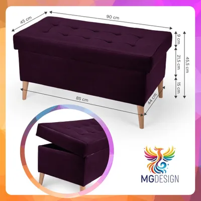 Produktbild von MG Design Samt Sitzbank in Dunkelviolett 45 x 90 cm mit Stauraum - Gepolsterte Polsterbank mit Holzbeinen für Schlafzimmer, Wohnzimmer oder Flur