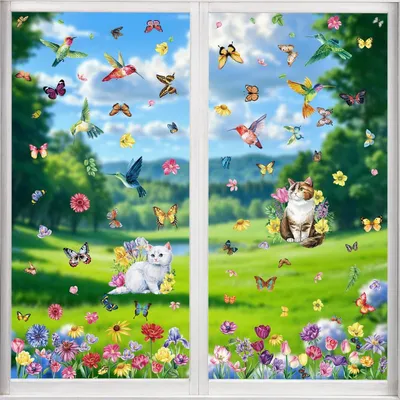 Produktbild von 88 Fensterbilder Natur, Blumen, Vögel, Schmetterlinge und Katzen, selbstklebend, PVC Fensterdekoration, 10 Bögen