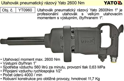 Produktbild von Yato YT-0960, Schlagschrauber, Schwarz, 2600 Nm, 560 l/min, 6,3 bar, Druckluft
