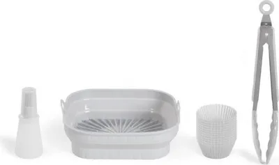 Produktbild von Fritteusen Zubehör Set, 4-teilig, Silikon, Inklusive 2-in-1 Faltform, 12 Einzelformen, Pinsel, Zange