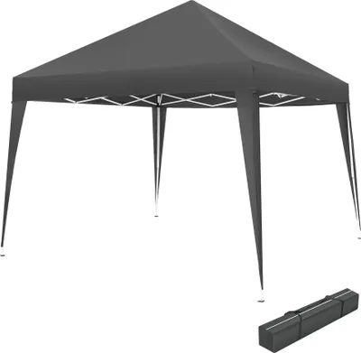 A dark gray pop-up gazebo tent with a carrying bag shown separately.