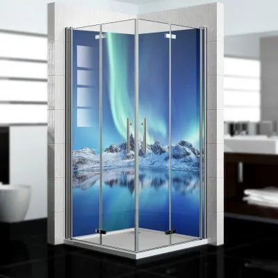 Produktbild von dedeco Eck-Duschrückwände Aluminium wasserfest Motiv: Polarlicht V2, 2 x 100x210x0,3cm, Fliesenersatz fugenlos Wandverkleidung Wandpaneele,  Germany
