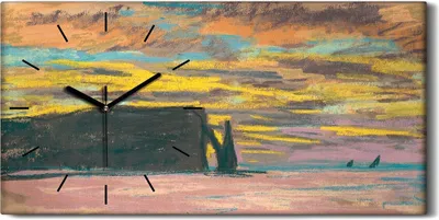 Produktbild von Wandbild Leinwand Bilder Wanduhr Geräuschlos 60x30 Sonnenuntergang in Etretat - schwarze Hände