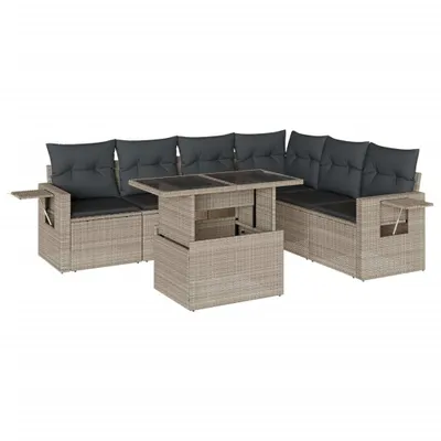Produktbild von 7-tlg. Garten-Sofagarnitur mit Kissen Hellgrau Poly Rattan