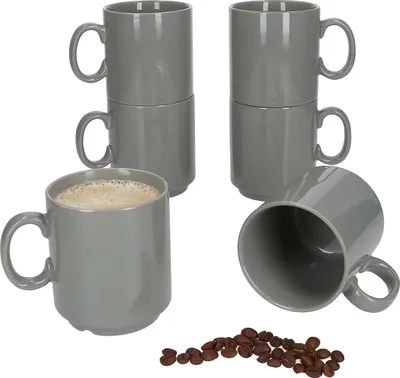 Zdjęcie produktu dla zestaw 6 eventowych kubków do kawy 250 ml, szare, porcelanowe, sztaplowane