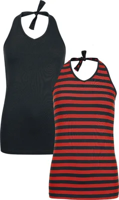 Produktbild von RED by EMP Damen schwarz/rot gestreifte Neckholder-Tops im Doppelpack L